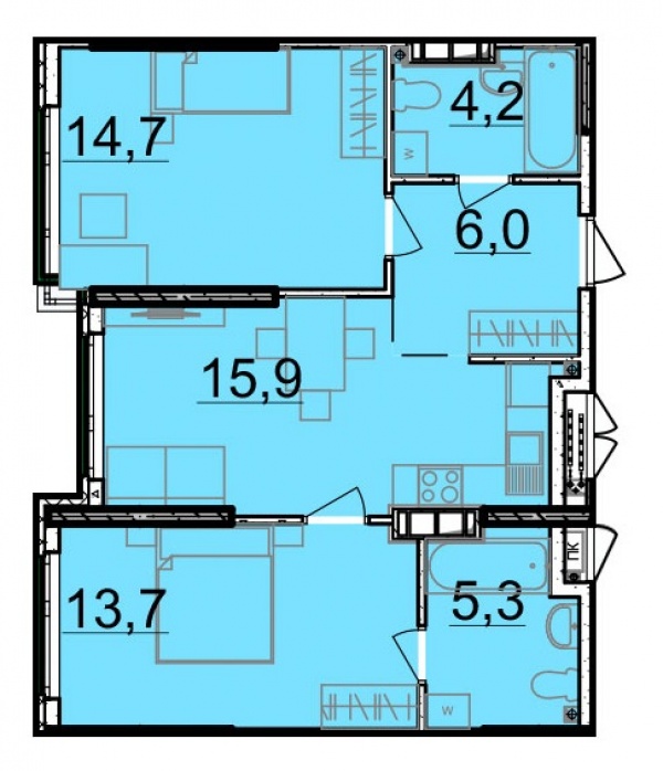 Планировки двухкомнатных квартир 59.8 м^2